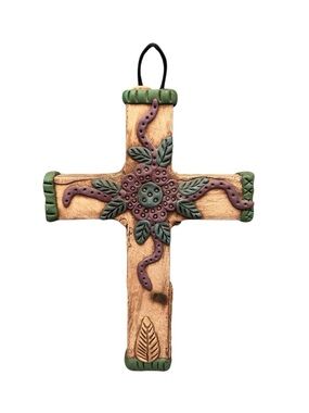 Vintage Decorative Clay Cross with Floral Motif - Green